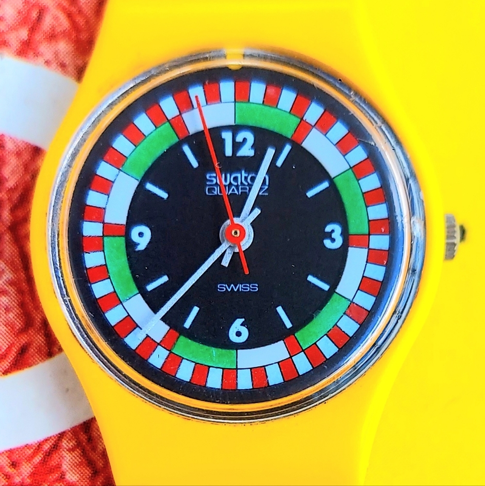 Vintage Swatch Watch YELLOW RACER LJ100 1984 Standard Ladies RARE New Old Stock
